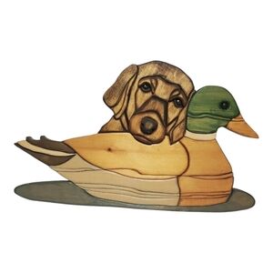 Lab And Duck Wood Intarsia Wall Hanging  Handcrafted Scroll Saw Art.